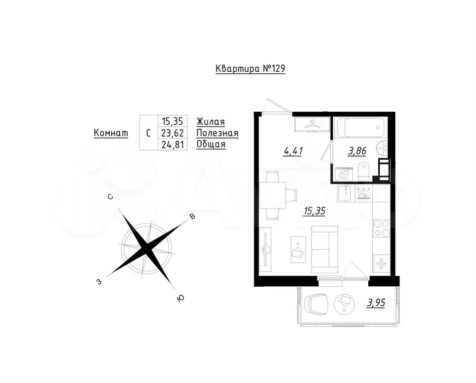 Квартира-студия, 24,8м, 3/5эт. - Фото 0