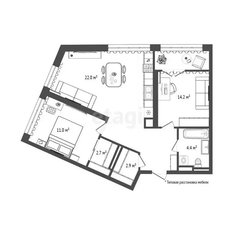 2-комнатная квартира: Тюмень, Профсоюзная улица, 6к1 (63.6 м) - Фото 1