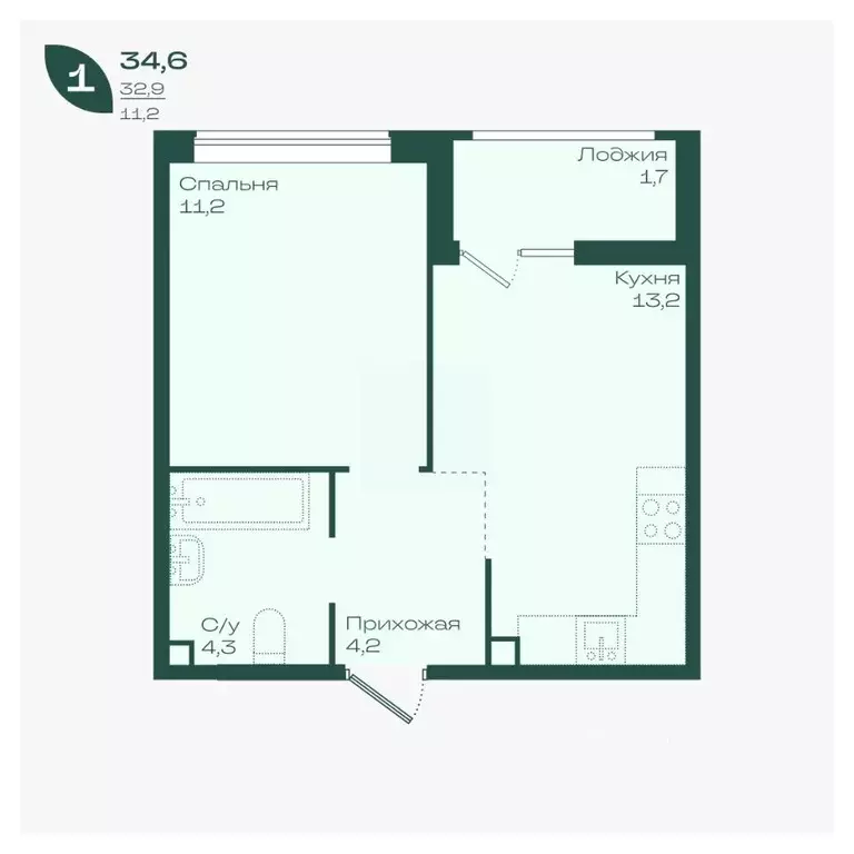 1-к кв. Краснодарский край, Краснодар Ботаника жилой комплекс (34.6 м) - Фото 1