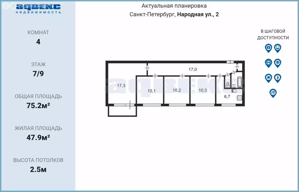 4-комнатная квартира: Санкт-Петербург, Народная улица, 2 (75.2 м) - Фото 2