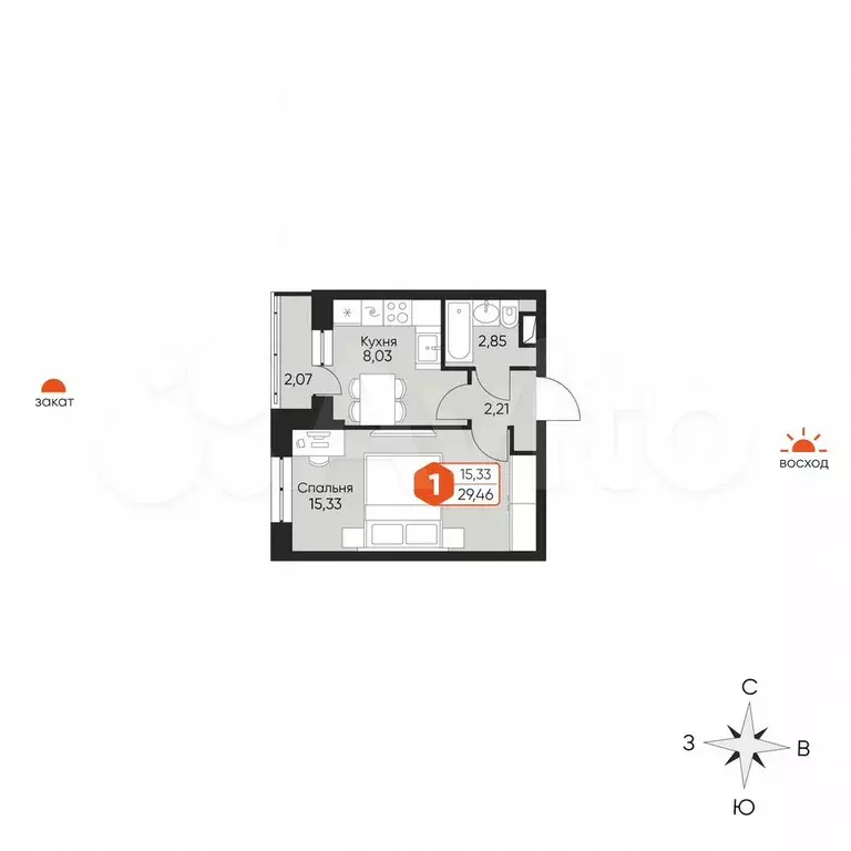 1-к. квартира, 29,5 м, 4/5 эт. - Фото 1