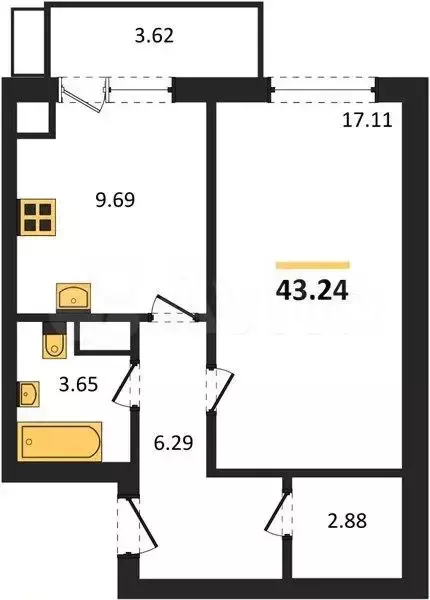 1-к. квартира, 43,2 м, 6/9 эт. - Фото 1