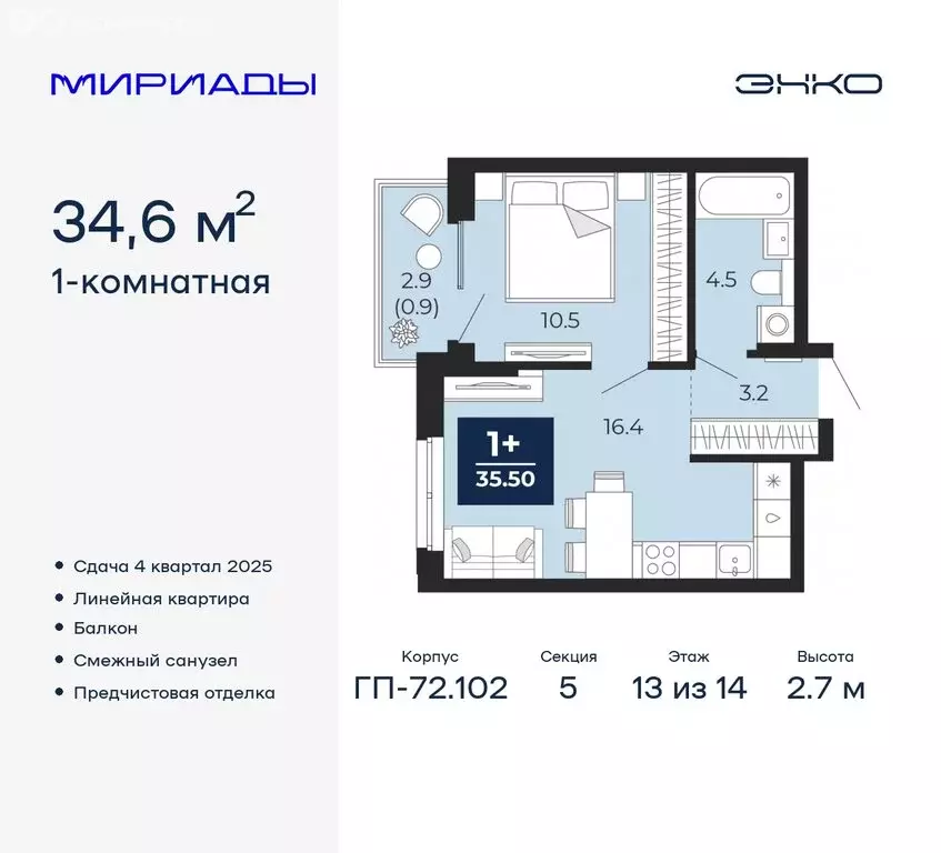 1-комнатная квартира: Тюмень, Ленинский округ (36.63 м) - Фото 0