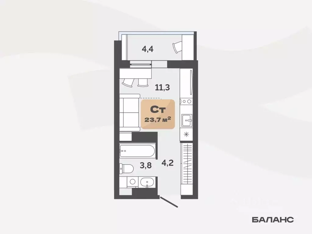 Студия Тюменская область, Тюмень ул. Республики, 204к20 (21.5 м) - Фото 0