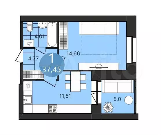 1-к. квартира, 37,5 м, 1/4 эт. - Фото 1