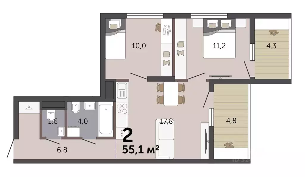 2-к кв. Свердловская область, Екатеринбург Малевич жилой комплекс ... - Фото 2