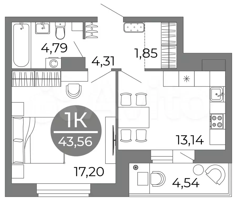 1-к. квартира, 43,6м, 3/25эт. - Фото 1