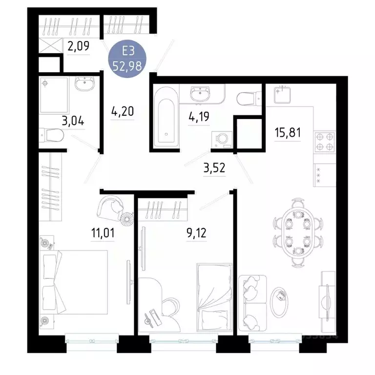 2-к кв. Рязанская область, Рязань 9-10-й кв-л,  (52.98 м) - Фото 1