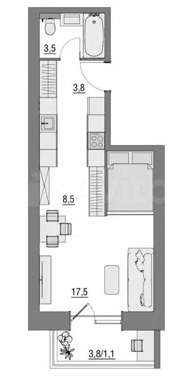 Квартира-студия, 34,4 м, 3/7 эт. - Фото 0