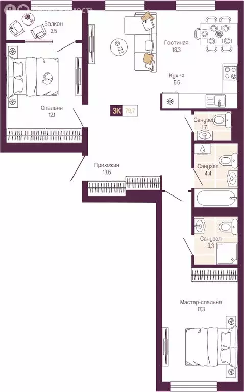 2-комнатная квартира: Нижний Новгород, Нижегородский район (78 м) - Фото 1