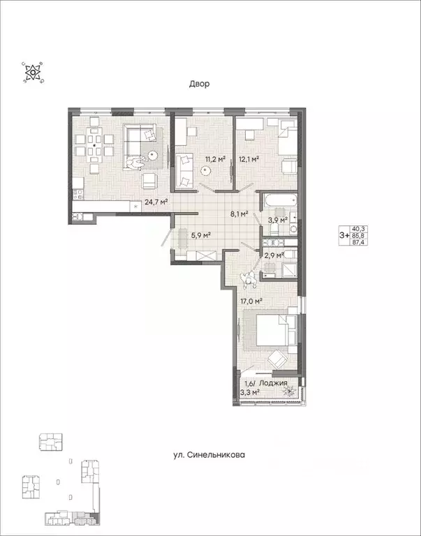 3-к кв. Хабаровский край, Хабаровск ул. Синельникова, 4 (87.5 м) - Фото 1