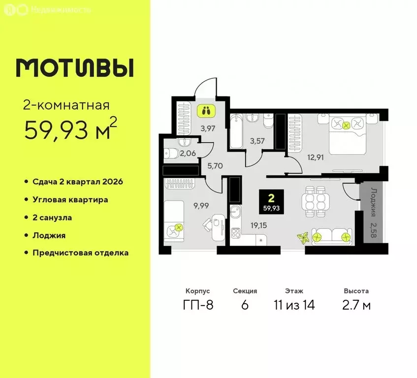 2-комнатная квартира: Тюмень, жилой комплекс Мотивы (59.93 м) - Фото 0