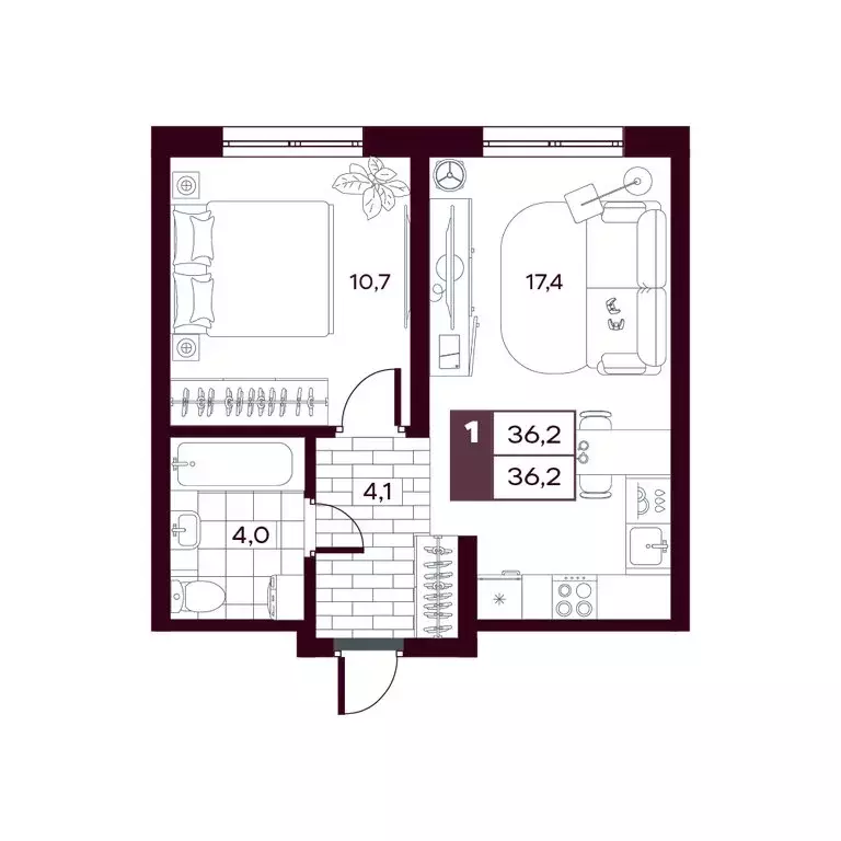 1-комнатная квартира: Дударева, ЖК Макс (36.15 м) - Фото 0