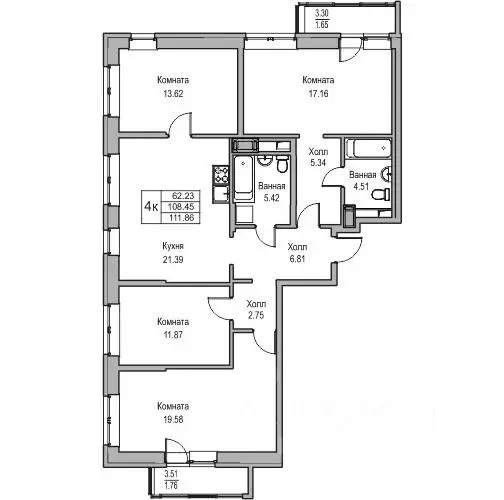 4-к кв. Санкт-Петербург ул. Ивинская, 1к1 (108.45 м) - Фото 0