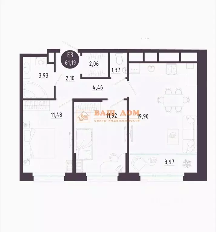 2-к кв. Тульская область, Тула ул. Купцов Гречихиных, 8 (61.0 м) - Фото 2