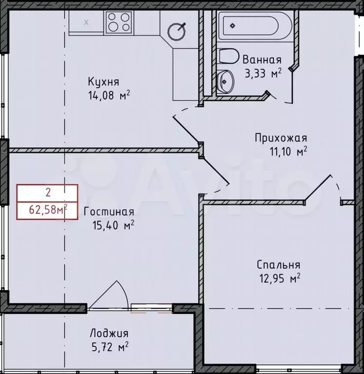 2-к. квартира, 62,6 м, 8/8 эт. - Фото 1