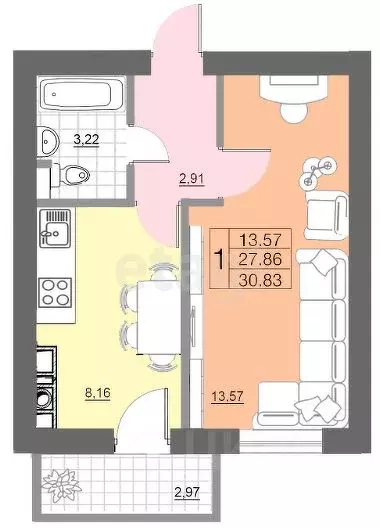 1-к кв. Смоленская область, Смоленск Краснинское ш., 32 (30.8 м) - Фото 2