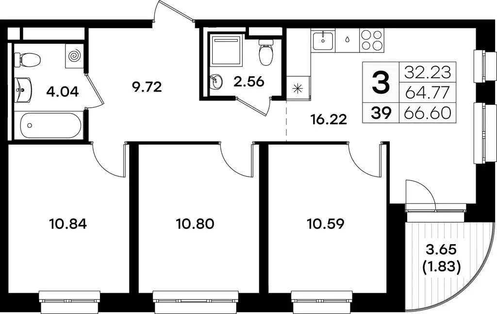 3-комнатная квартира: Казань, Кировский район (66.6 м) - Фото 0