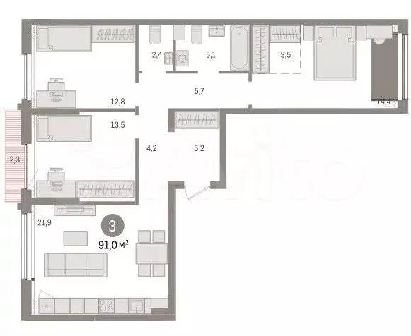 3-к. квартира, 91 м, 2/9 эт. - Фото 1