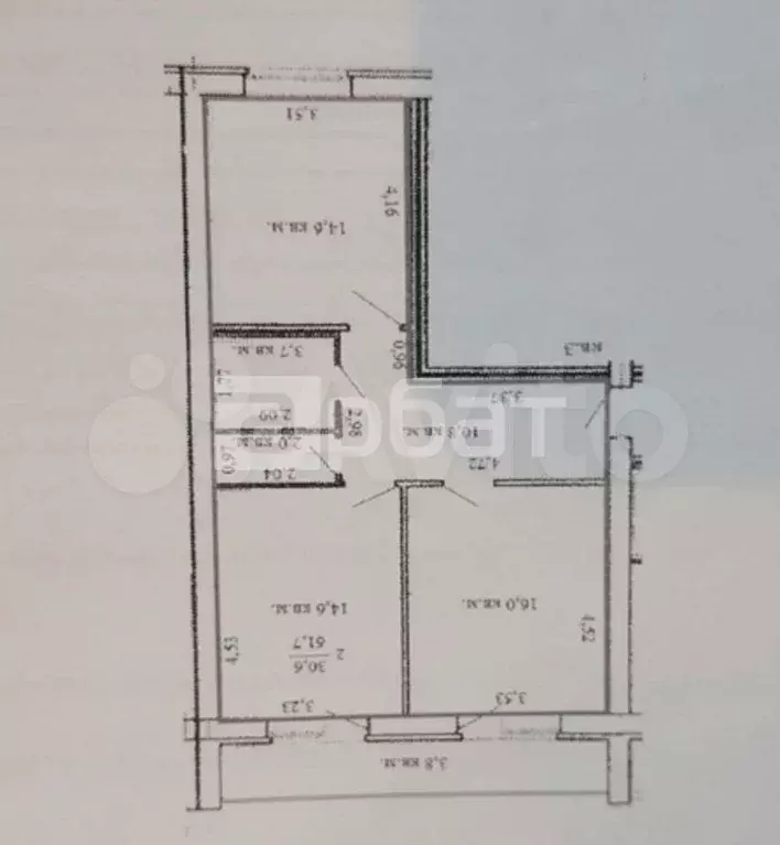 2-к. квартира, 61,7 м, 1/3 эт. - Фото 0