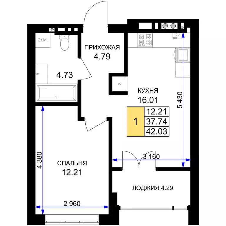 1-комнатная квартира: Гурьевск, жилой комплекс Включи (42.03 м) - Фото 0