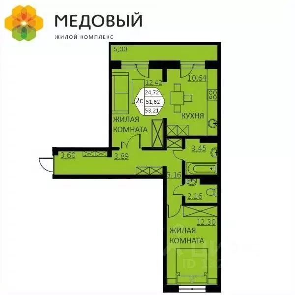 2-к кв. Пермский край, д. Кондратово ул. Г.Н. Нифантова, 4А (51.7 м) - Фото 1