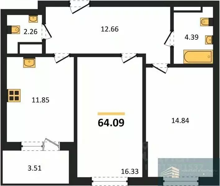 2-к кв. Воронежская область, Воронеж ул. Ломоносова, 116Б (64.1 м) - Фото 0