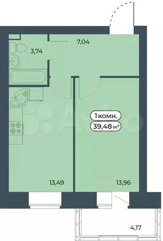 1-к. квартира, 39,5м, 6/9эт. - Фото 0