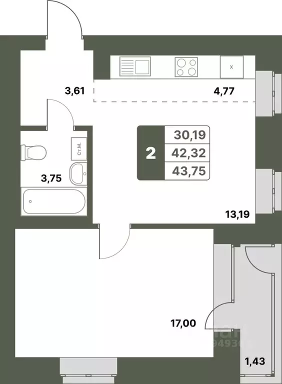 2-к кв. Башкортостан, Уфимский район, с. Миловка  (43.75 м) - Фото 1