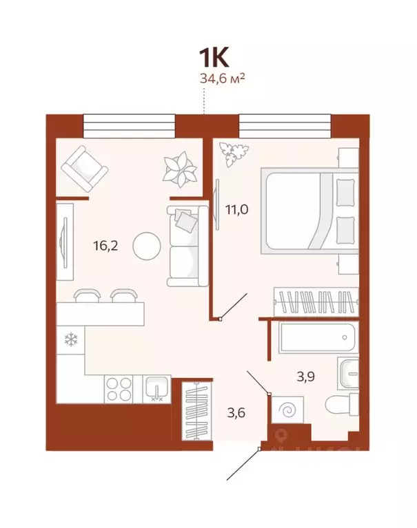 1-к кв. Тюменская область, Тюмень ул. Новаторов, 30 (34.64 м) - Фото 0