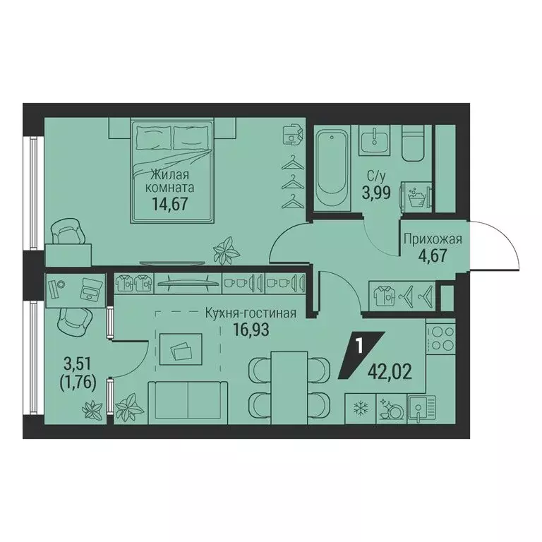 1-комнатная квартира: Екатеринбург, проспект Космонавтов, 100 (42.02 ... - Фото 1