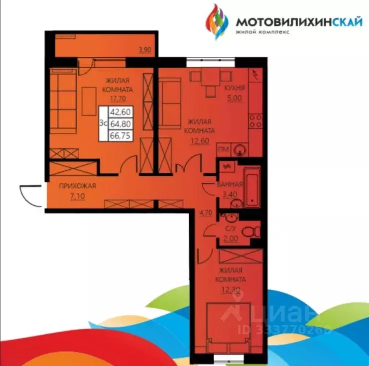 3-к кв. Пермский край, Пермь ул. Гашкова, 56к4 (64.6 м) - Фото 2