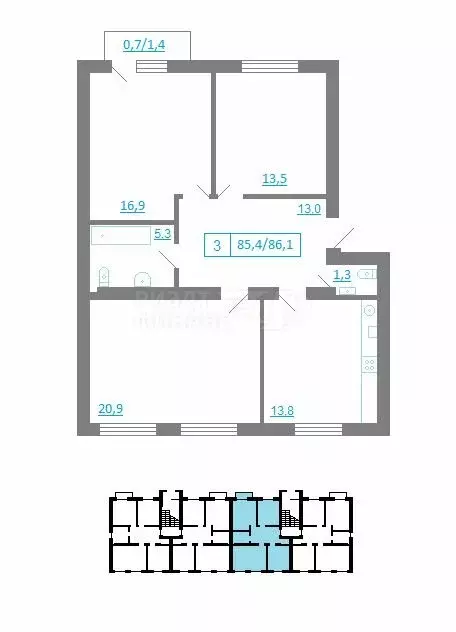 3-комнатная квартира: Калининград, улица Генерала Раевского, 5 (85.4 ... - Фото 0