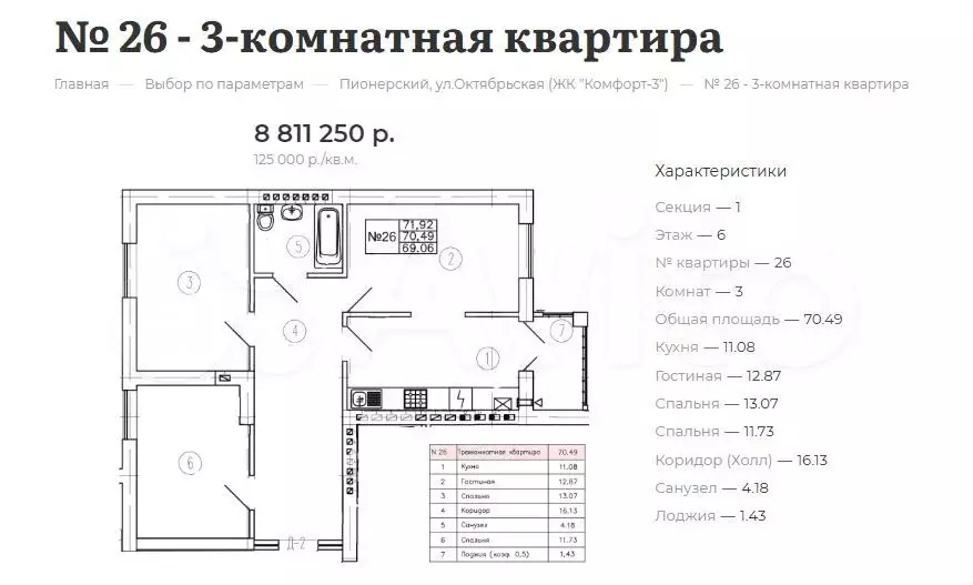 3-к. квартира, 70,5 м, 6/7 эт. - Фото 1