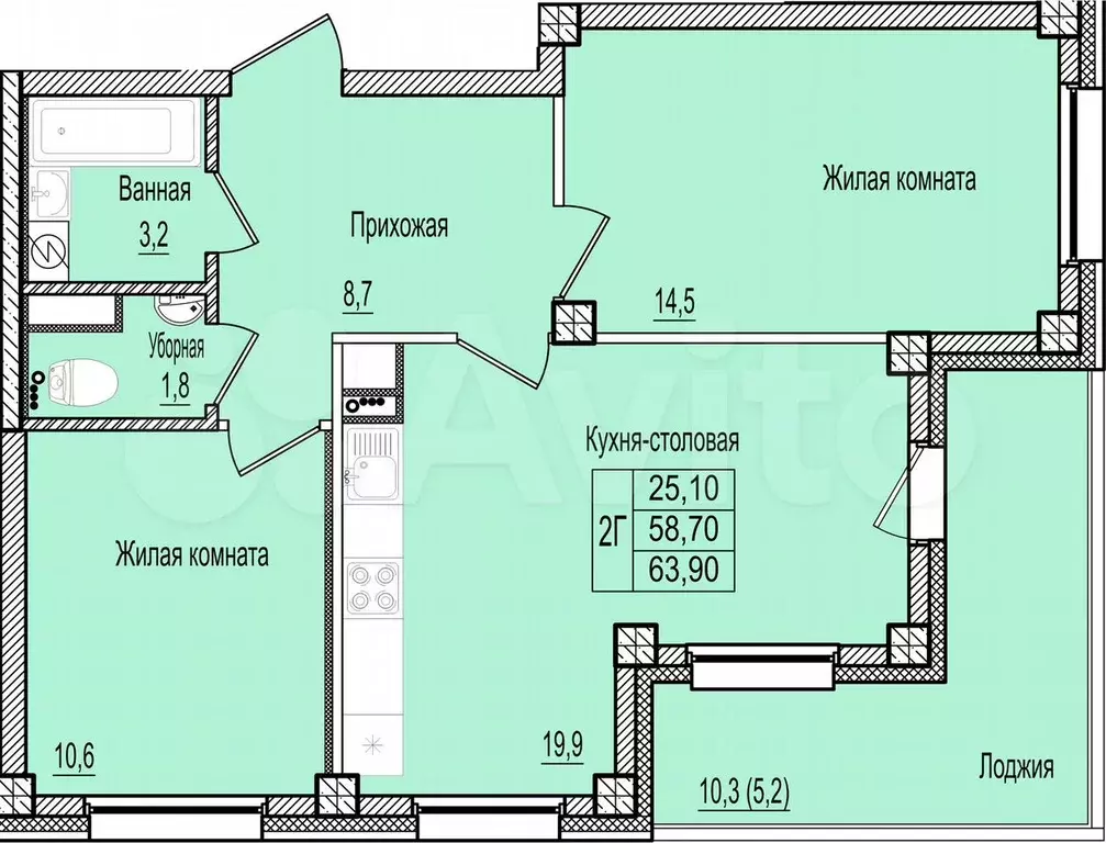 2-к. квартира, 63,9 м, 5/8 эт. - Фото 0