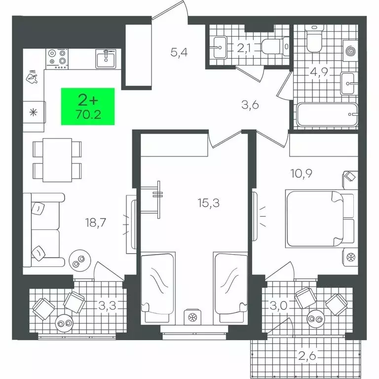 2-комнатная квартира: Тюмень, улица Василия Малкова, 17 (70.24 м) - Фото 1