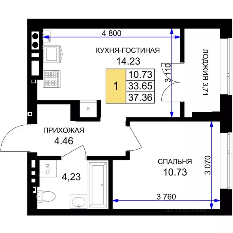 1-к кв. Калининградская область, Гурьевск Включи жилой комплекс (37.36 ... - Фото 0
