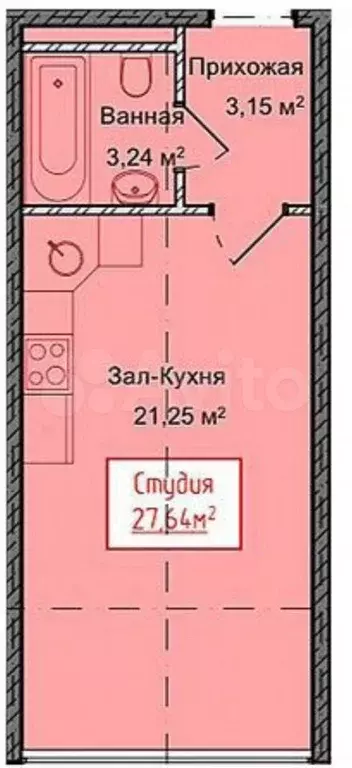 Квартира-студия, 27,6 м, 13/13 эт. - Фото 1
