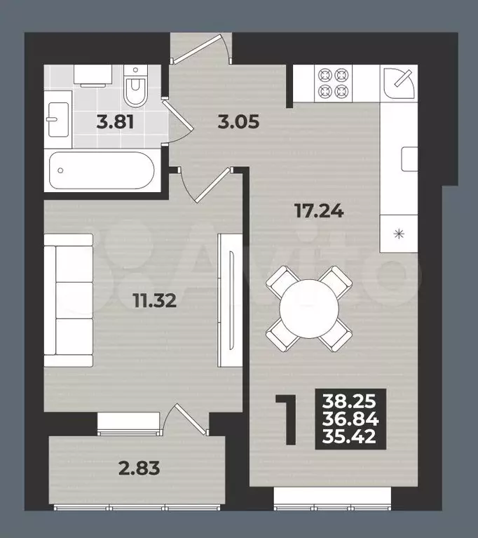 1-к. квартира, 39 м, 3/9 эт. - Фото 1