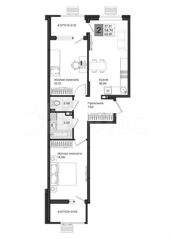 2-к. квартира, 62,9 м, 3/8 эт. - Фото 1