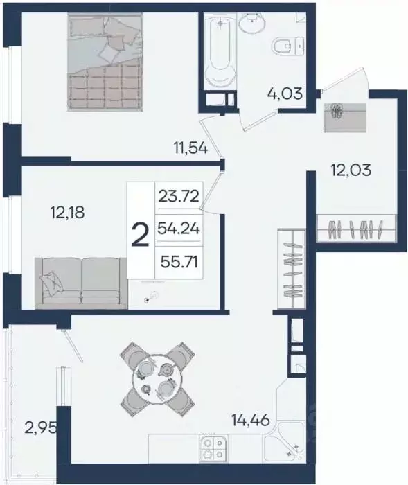 2-к кв. Краснодарский край, Краснодар  (55.71 м) - Фото 1