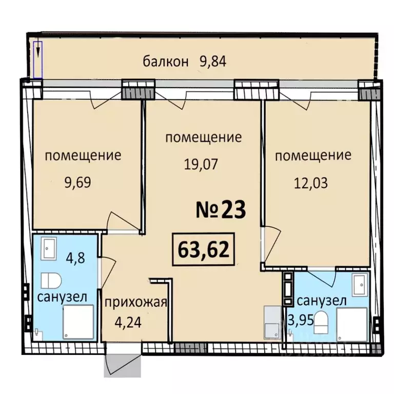 3-к кв. Калининградская область, Балтийск  (63.62 м) - Фото 0