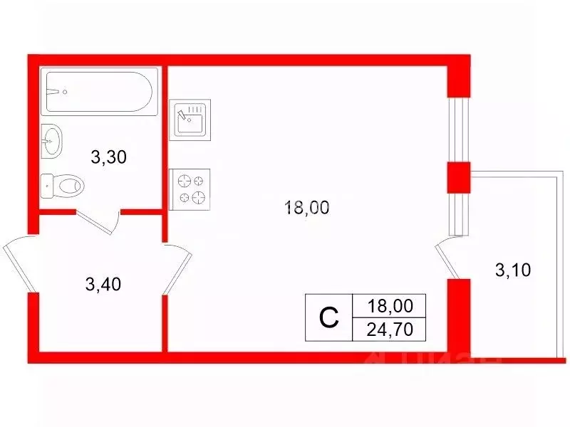 Студия Санкт-Петербург Парашютная ул., 42к2 (24.7 м) - Фото 2