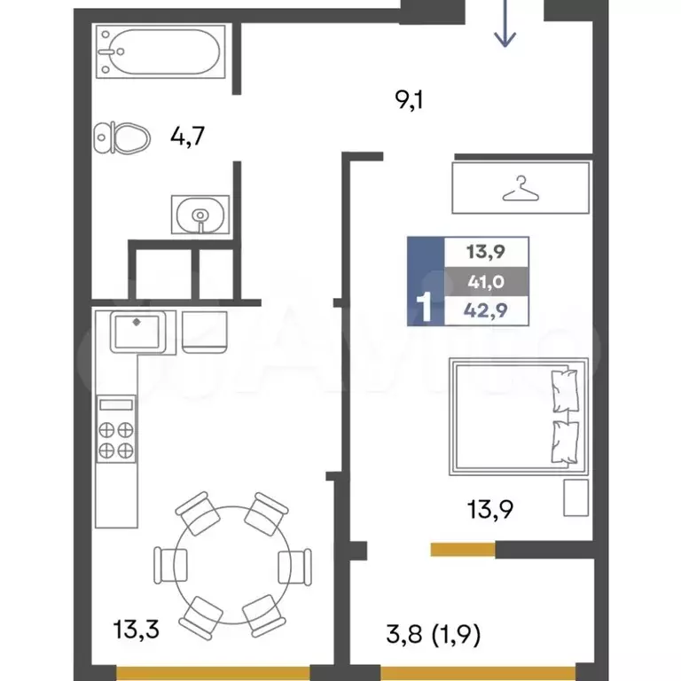 1-к. квартира, 42,9 м, 4/4 эт. - Фото 0