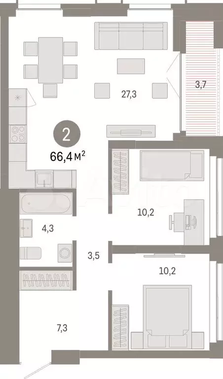 2-к. квартира, 66,4 м, 15/23 эт. - Фото 1