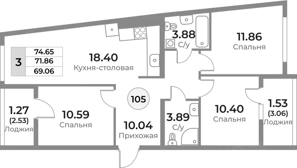 3-к кв. Калининградская область, Калининград Пригородная ул. (71.86 м) - Фото 0