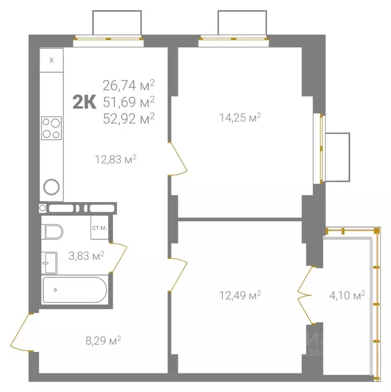 2-к кв. Нижегородская область, Нижний Новгород Ветеринарная ул. (52.92 ... - Фото 2