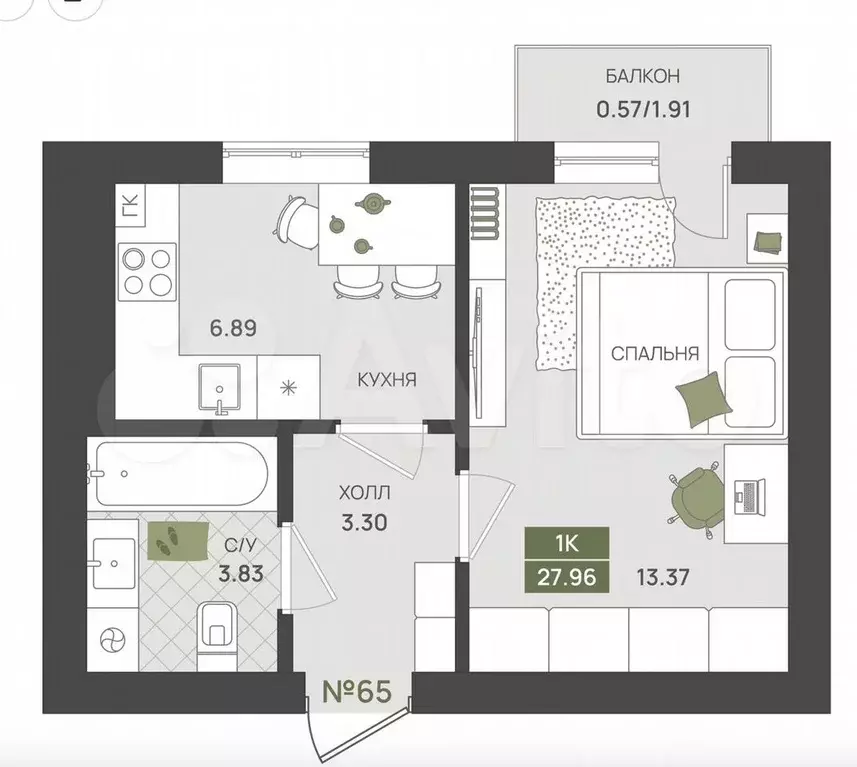 1-к. квартира, 28 м, 3/5 эт. - Фото 1