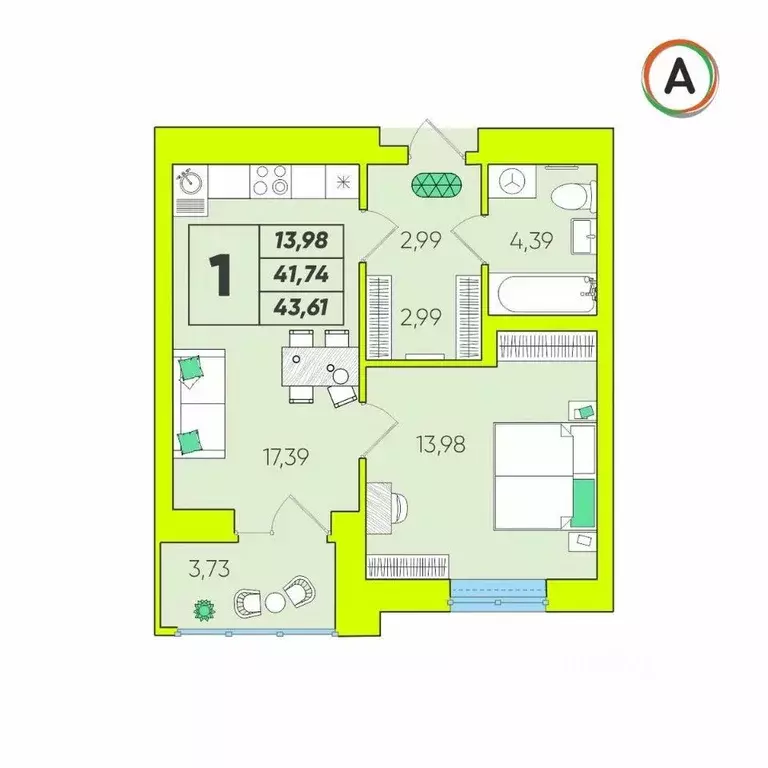 1-к кв. Калужская область, Калуга Зеленый жилой комплекс (43.61 м) - Фото 1