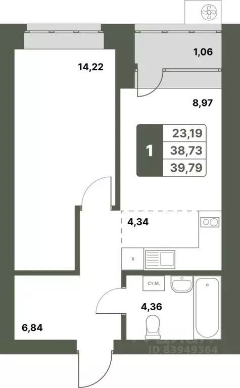 1-к кв. Башкортостан, Уфимский район, с. Миловка  (39.79 м) - Фото 1